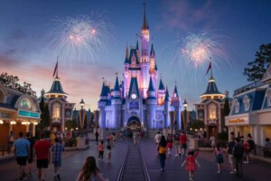 A view of Disneyland’s Main Street at sunset with the castle in the distance, families walking and lights beginning to twinkle.