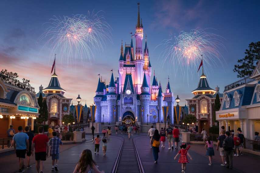 A view of Disneyland’s Main Street at sunset with the castle in the distance, families walking and lights beginning to twinkle.