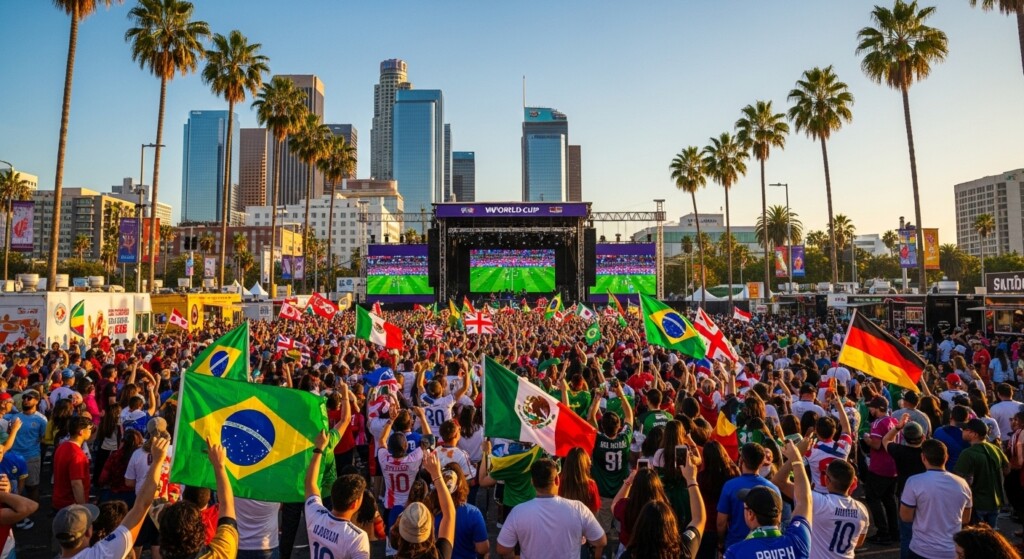 Fans celebrating outdoors near the beach during the World Cup, with palm trees and a golden California sunset in the background.